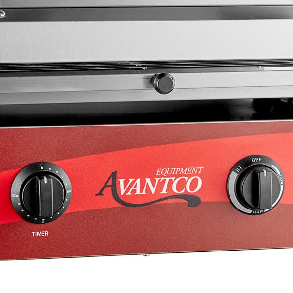 An Avantco electric countertop salamander with red and silver accents.