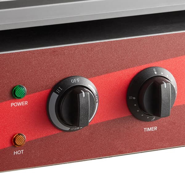 An Avantco electric countertop salamander with red and black dials on a counter.