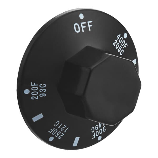 A black Avantco temperature dial knob with white text that says "off"