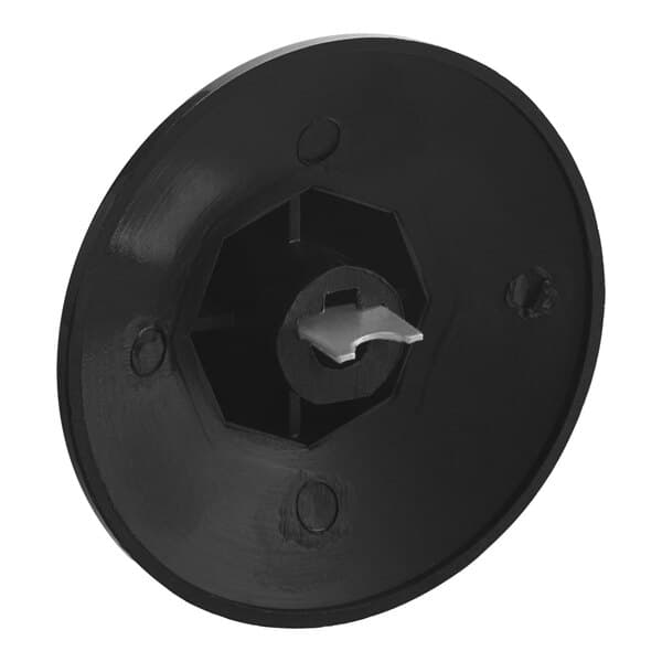 A black circular temperature dial knob with a white circle on it.