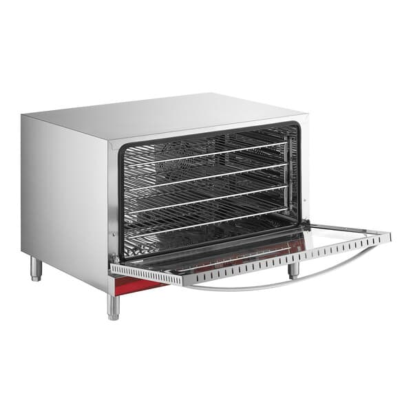 An Avantco stainless steel countertop convection oven with a door open and trays inside.