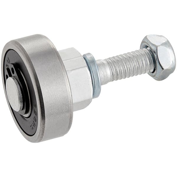 A metal screw and washer with a wheel on it.