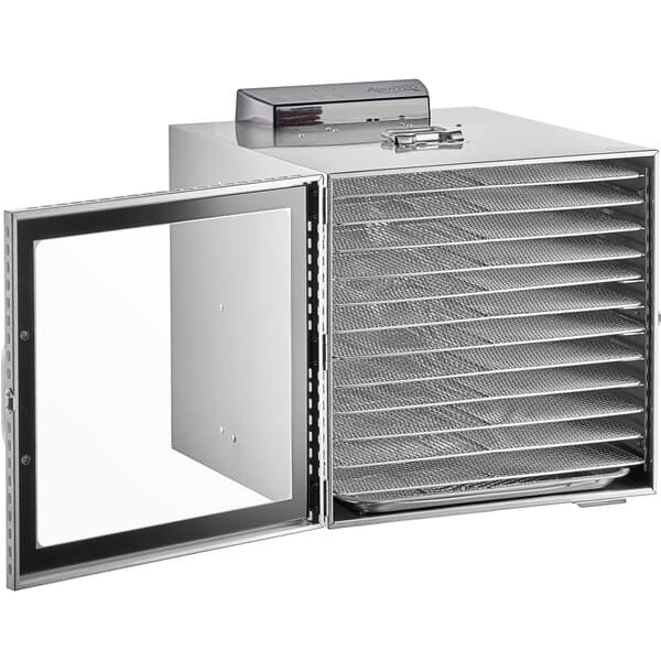 An Avantco stainless steel food dehydrator with a glass door.