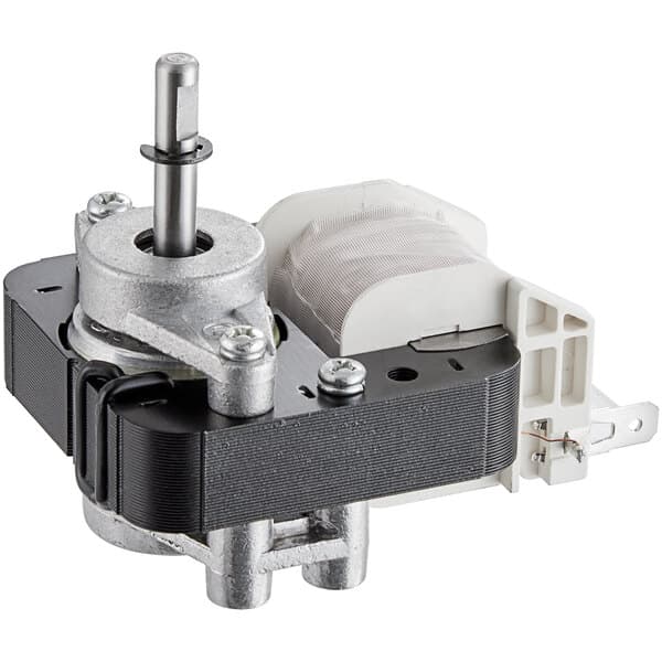 An Avantco fan motor with a black and white plastic strip on a metal shaft.