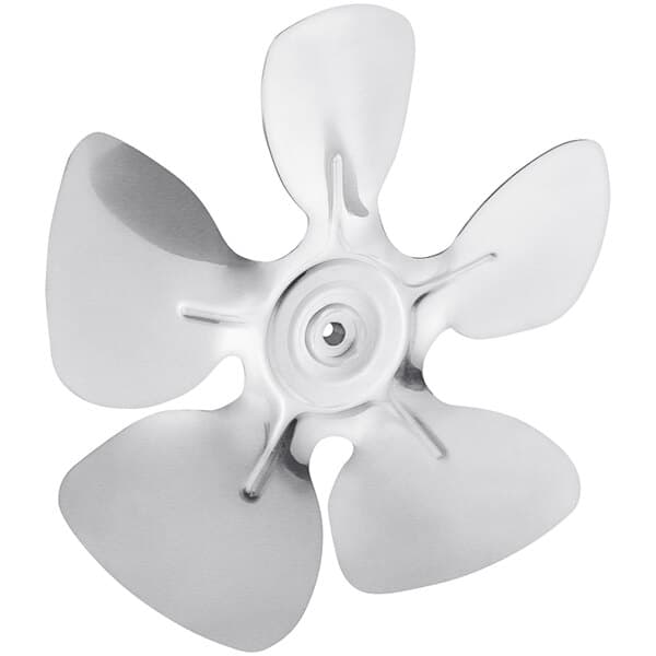 A close-up of a silver metal fan propeller.