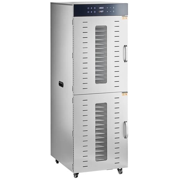 A white metal Avantco food dehydrator cabinet with glass doors.