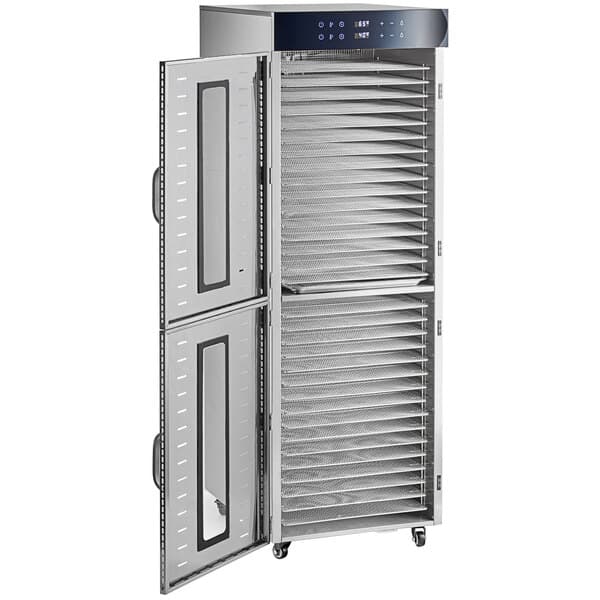 An Avantco stainless steel food dehydrator cabinet with glass doors.