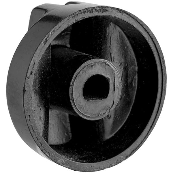 A black plastic round knob with a hole in it.