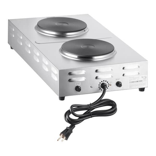 An Avantco stainless steel double burner portable electric hot plate on a counter.