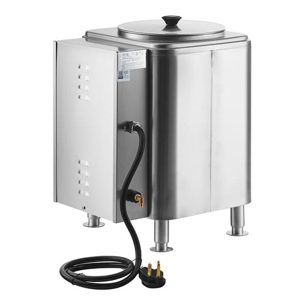 An Avantco stainless steel hot water dispenser with a black cable and lid.
