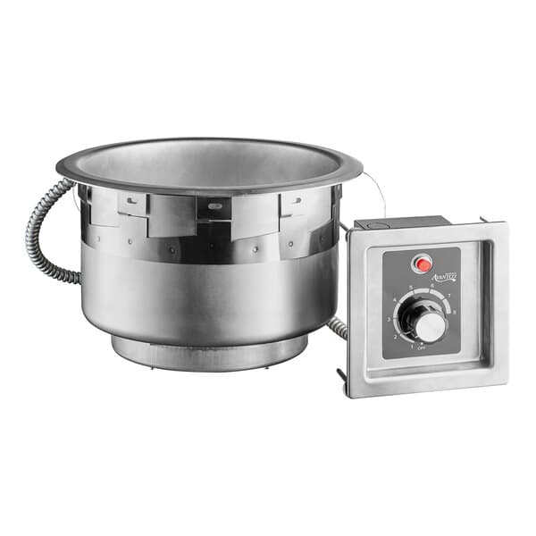 An Avantco stainless steel drop-in soup well with a control panel on top.