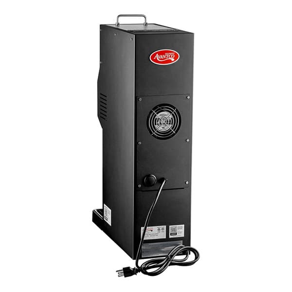 An Avantco black rectangular bulk coffee grinder with a wire attached.