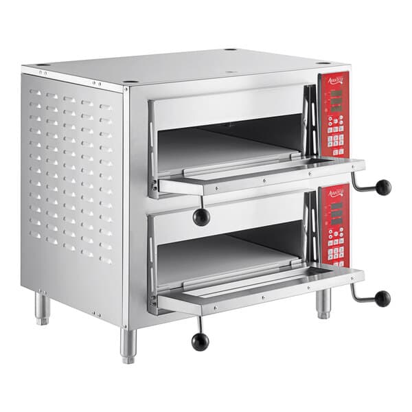 A silver rectangular Avantco bakery deck oven with two shelves and a red panel.