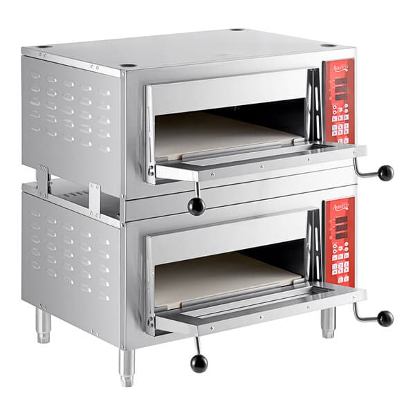 An Avantco double deck bakery oven with two open doors.