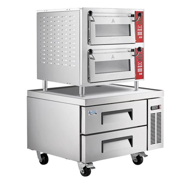 An Avantco stainless steel double deck countertop oven on wheels.