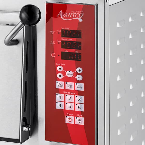 The digital display on an Avantco Quadruple Deck Countertop Bakery Oven.