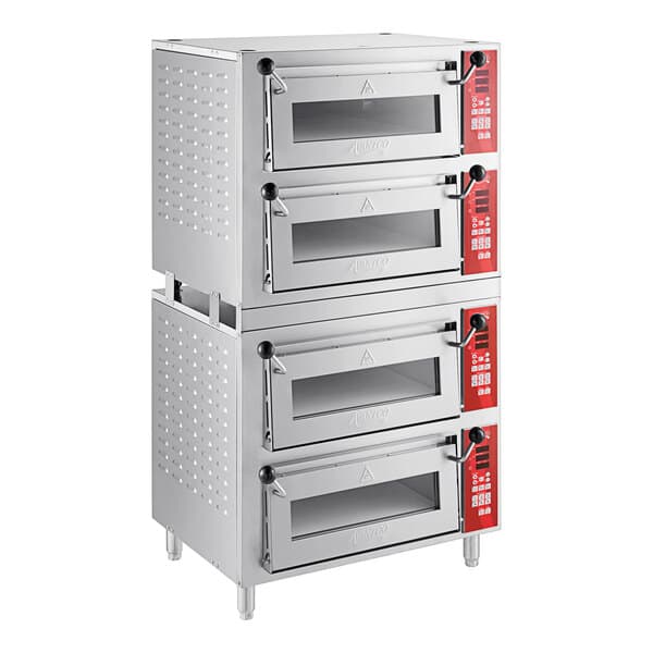 A stack of silver Avantco Quadruple Deck Countertop Ovens.