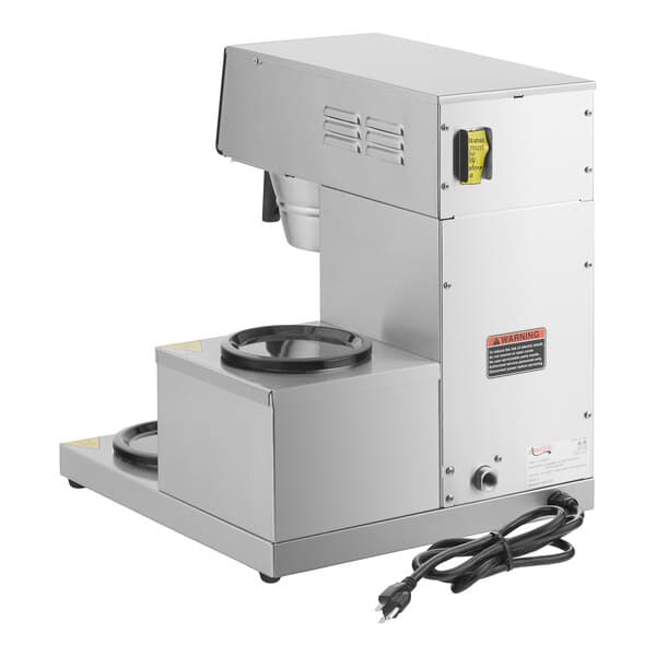 An Avantco commercial automatic coffee maker with a cup on it.