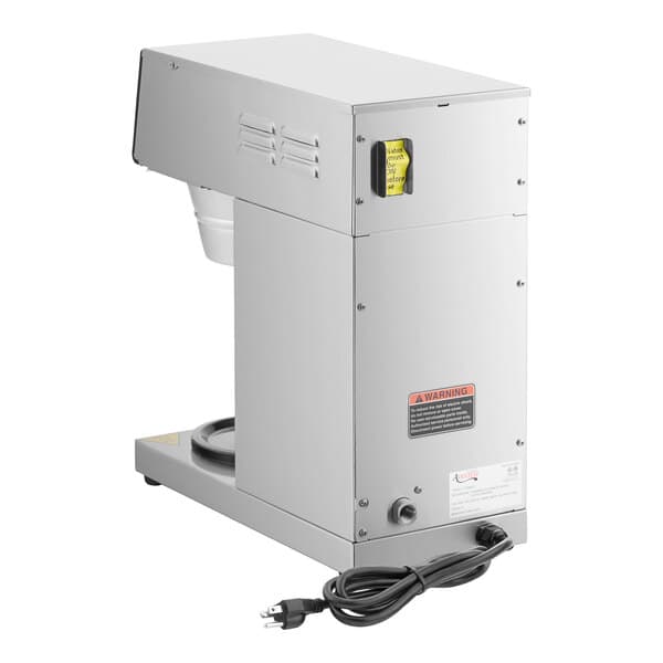 A white Avantco commercial automatic coffee maker with a power cord.