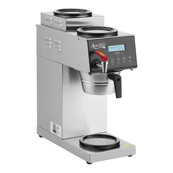 A digital automatic coffee maker with two upper and one lower decanter warmers.