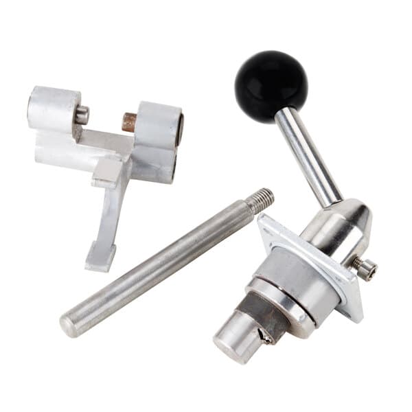 A close-up of a metal tool with a black handle and a black ball on the end.