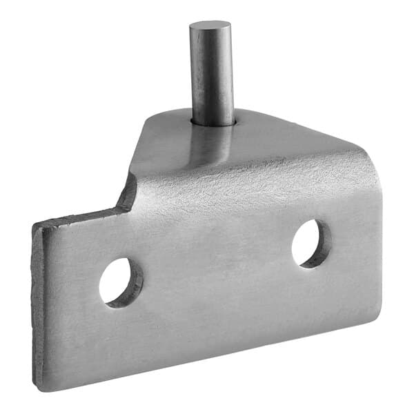 A stainless steel metal piece with two holes.