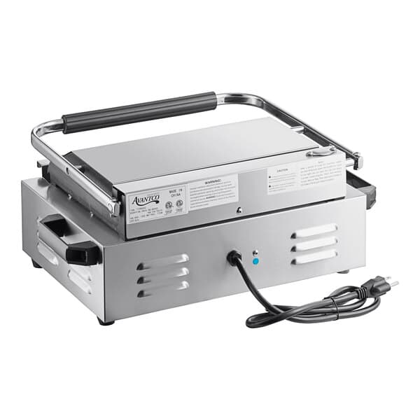 A silver Avantco commercial panini grill with black handles and a cord attached.