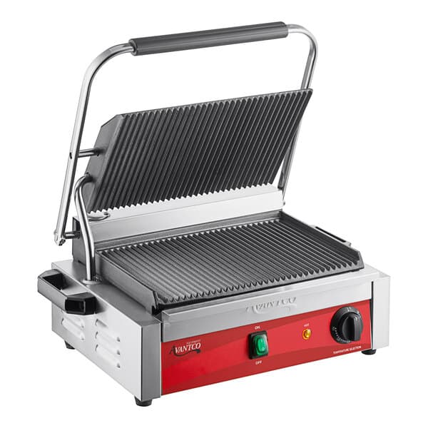 An Avantco commercial panini grill with a red and black handle.