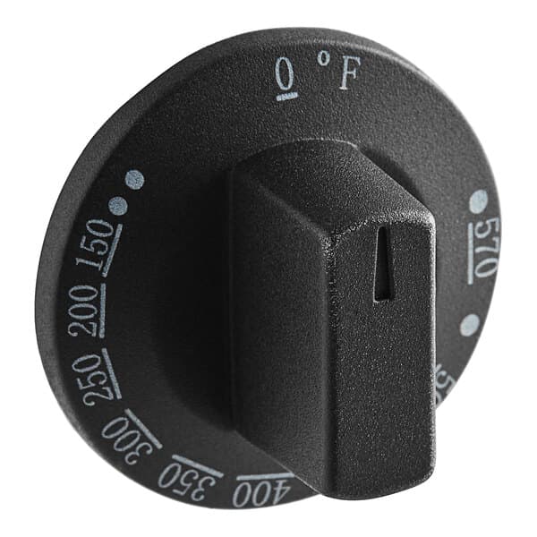 A black Avantco temperature knob with white text.