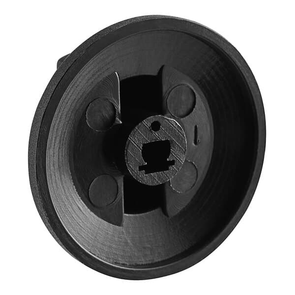 A black plastic Avantco temperature knob with a hole in the center.
