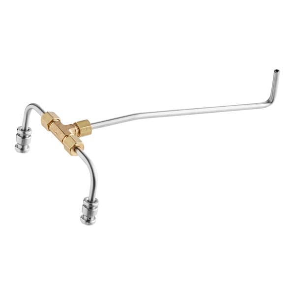 A metal pipe with a gold and silver handle.