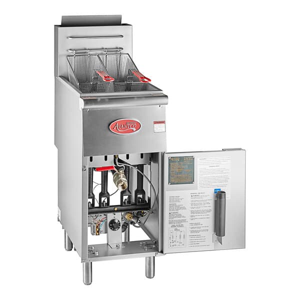 An Avantco natural gas floor fryer with a stainless steel tank and the door open.