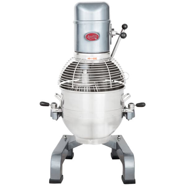 An Avantco 30 Qt. commercial floor mixer with a metal guard on a metal stand.