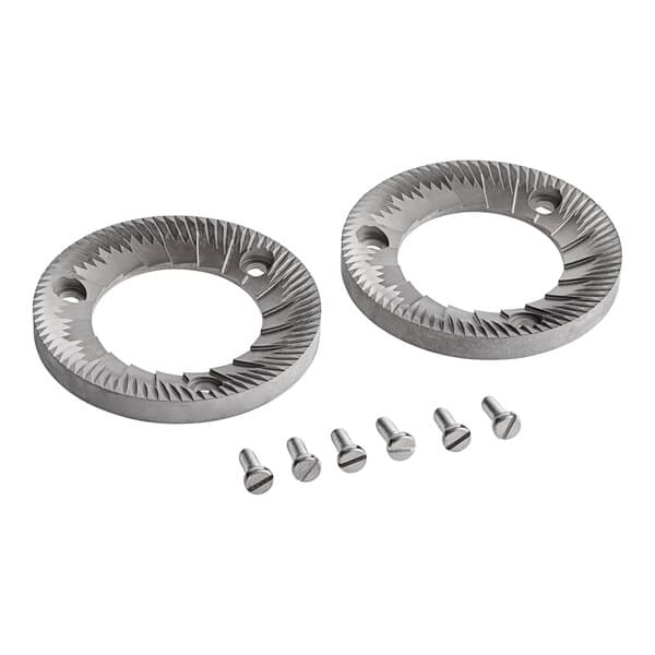 Two circular metal burr rings with screws and nuts.