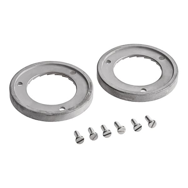 Two round metal rings with holes and screws.