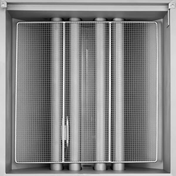 A metal box with several tubes inside.