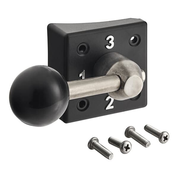 A black and silver speed handle knob with a black ball on the end and screws.