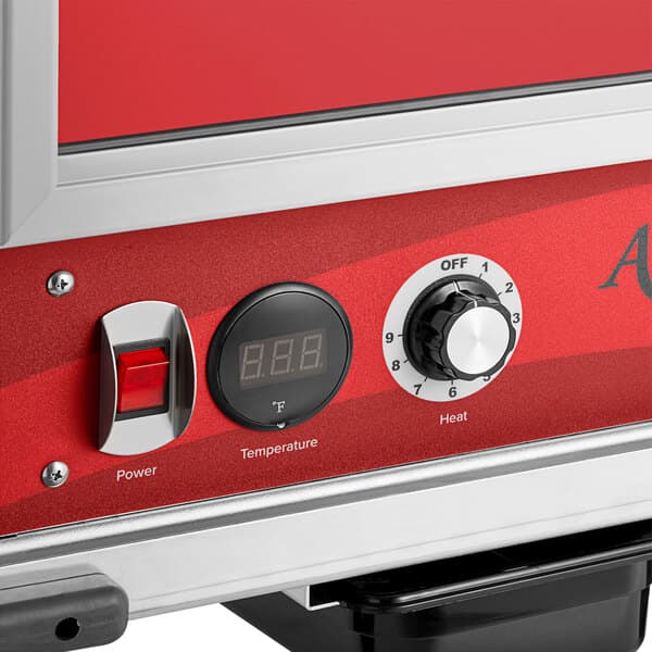 An Avantco red and silver undercounter heated holding cabinet with a digital display.