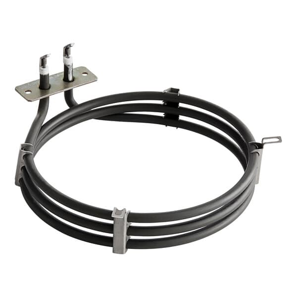 A black coil with metal brackets and a black cable with two wires attached to it.