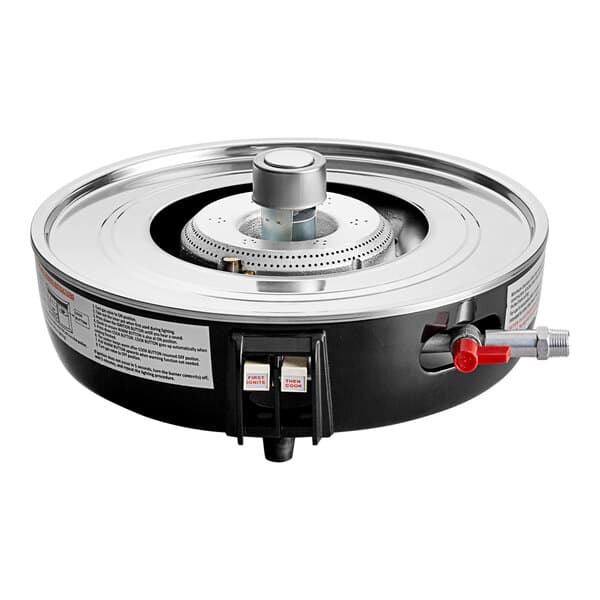 A round natural gas rice cooker and warmer with control switches and a metal burner in the center.