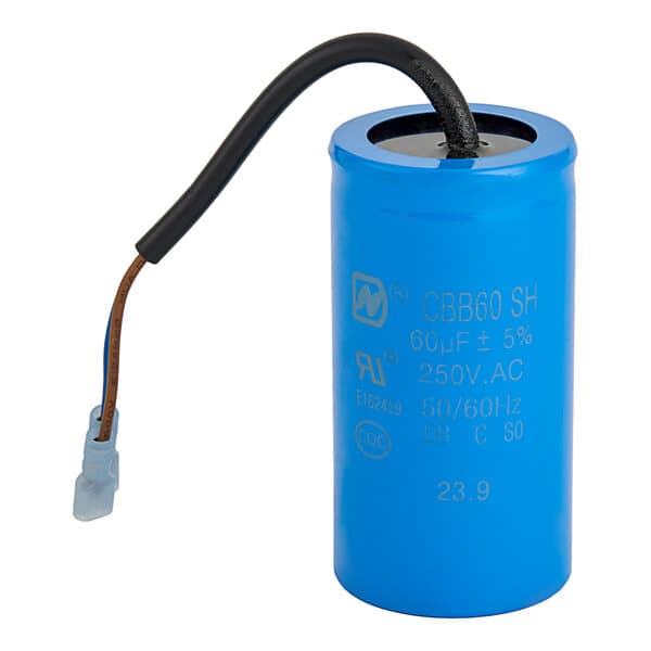 An Avantco work capacitor with a blue cylindrical body and a black wire.