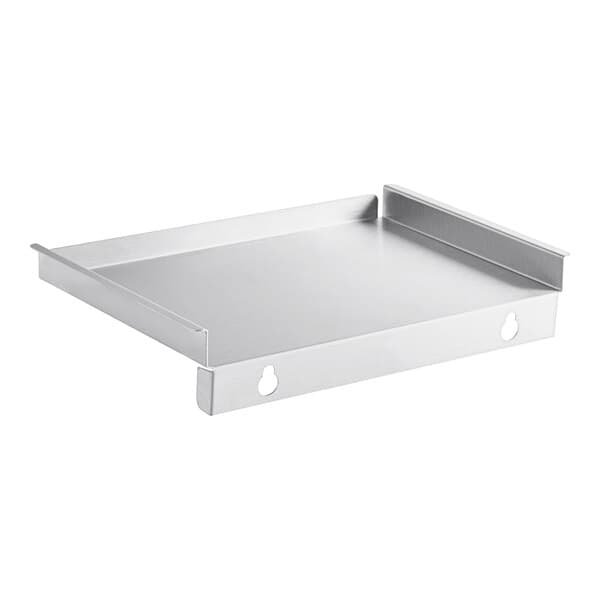 A silver metal Avantco back catch plate with two holes.