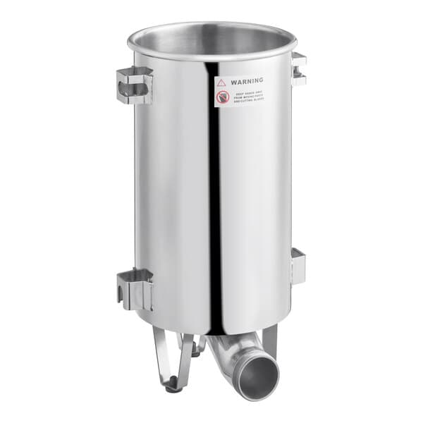 A stainless steel canister designed for 20 lb. sausage stuffers.