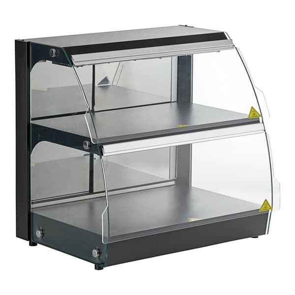 A black Avantco countertop merchandiser with glass shelves.