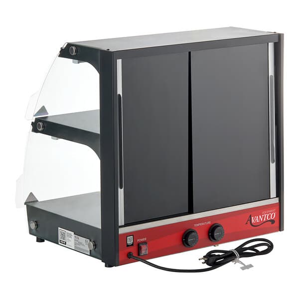 An Avantco black countertop hot food display warmer with LED lighting and 2 shelves.