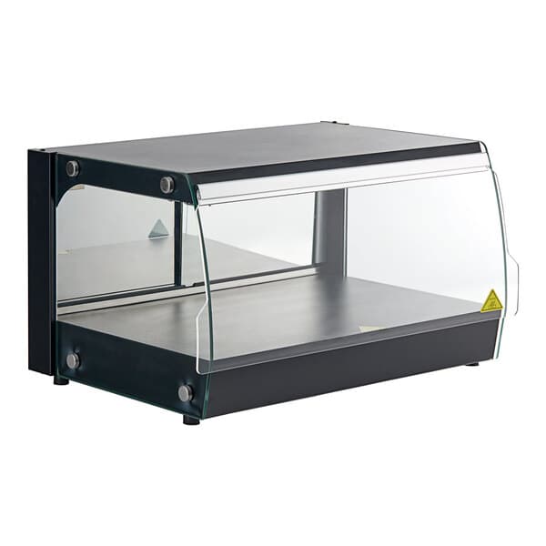A black rectangular Avantco countertop merchandiser with clear glass doors.