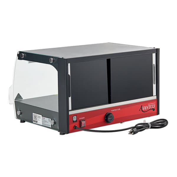A black Avantco countertop food warmer with a glass door.