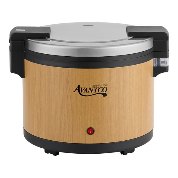 An Avantco woodgrain electric rice warmer with a silver lid.
