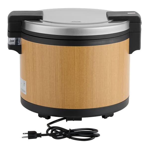 An Avantco woodgrain electric rice warmer with a black cord and woodgrain lid.