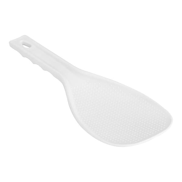 A close-up of a white plastic spoon with a handle.